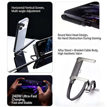 Experience Unmatched Convenience with the Invisible Holder Charger Cable: 240W Super Fast Charging & Stand for Gaming, Office, and Travel - Compatible with Type-C Devices