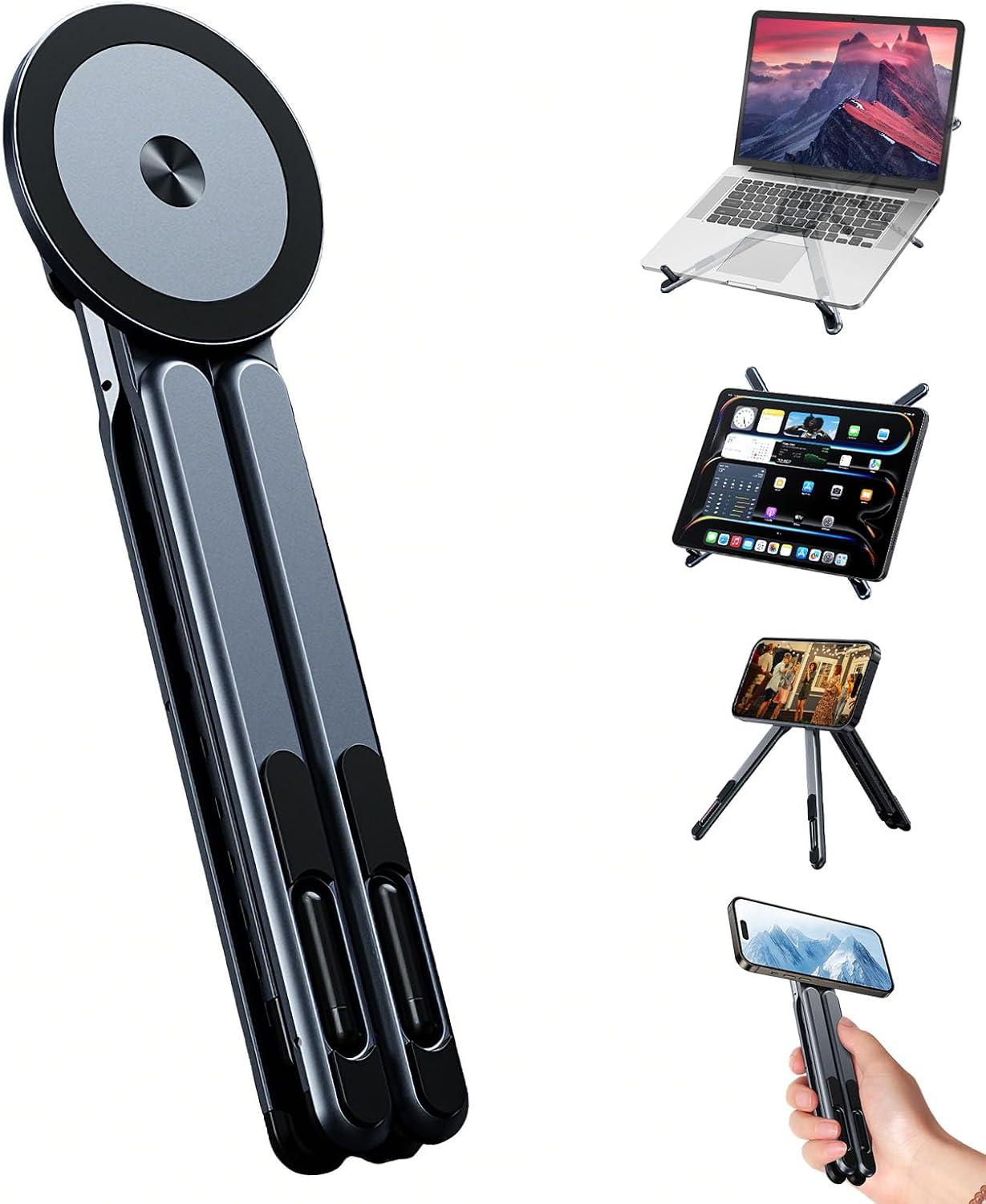 Transform Your Workspace with the 3-In-1 Portable Tablet Laptop Stand - Magnetic Phone Tripod Holder for iPhone 12-17, Adjustable Aluminum Riser for Home Office & Travel, Sleek Gray Design