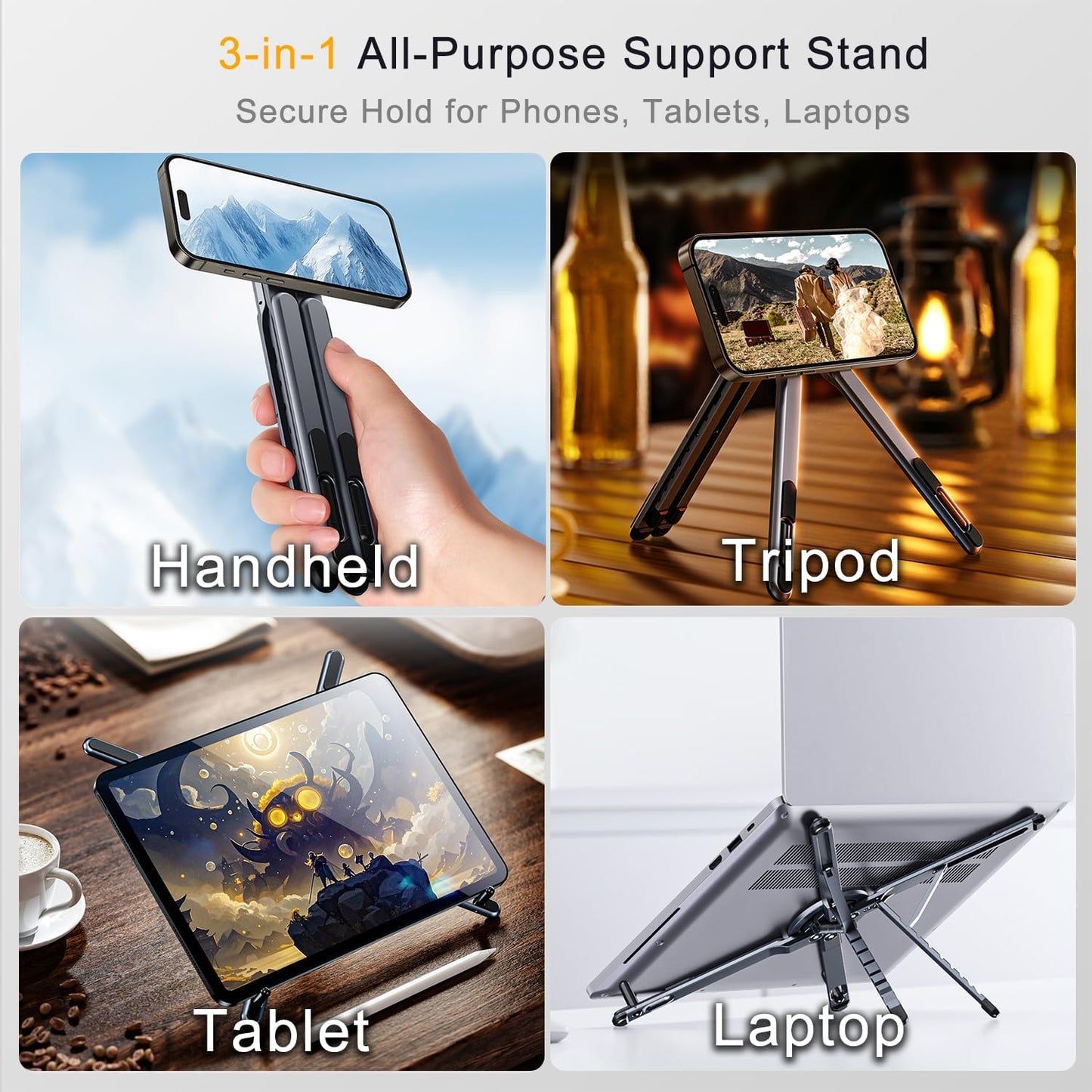 Transform Your Workspace with the 3-In-1 Portable Tablet Laptop Stand - Magnetic Phone Tripod Holder for iPhone 12-17, Adjustable Aluminum Riser for Home Office & Travel, Sleek Gray Design