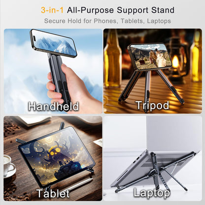 Transform Your Workspace with the 3-In-1 Portable Tablet Laptop Stand - Magnetic Phone Tripod Holder for iPhone 12-17, Adjustable Aluminum Riser for Home Office & Travel, Sleek Gray Design