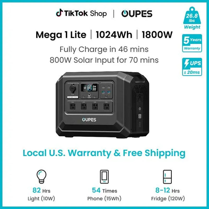 Unleash Your Adventures with the OUPES Mega 1 Lite: 1800W Portable Power Station with Lifepo4 Battery and 1 Hour Fast Charging for Ultimate Home Backup and Camping Power!